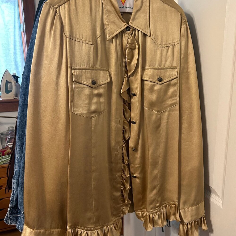 Tasha Polizzi Gold Satin Ruffle Front Blouse